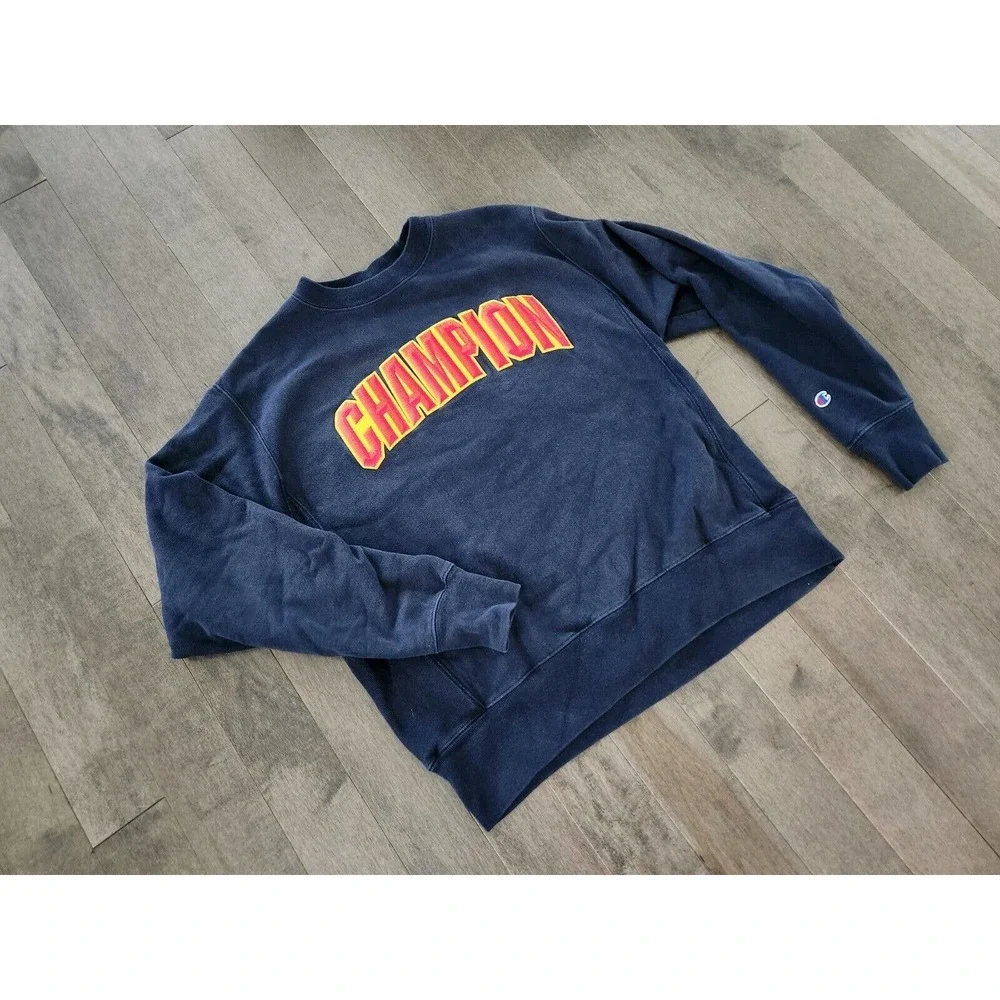 Vintage Champion Reverse Weave Navy Blue Spellout Gold Crewneck Sweatshirt Sz M - Picture 2 of 7